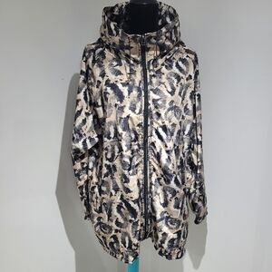 Tonia Debellis Women's Abstract Print Hooded Raincoat Medium Brown Black